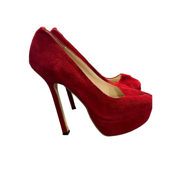 Sergio Rossi Red Suede Leather Platform Heels Keyhole 6" heel Size 38 US 8 READ - Picture 3 of 9